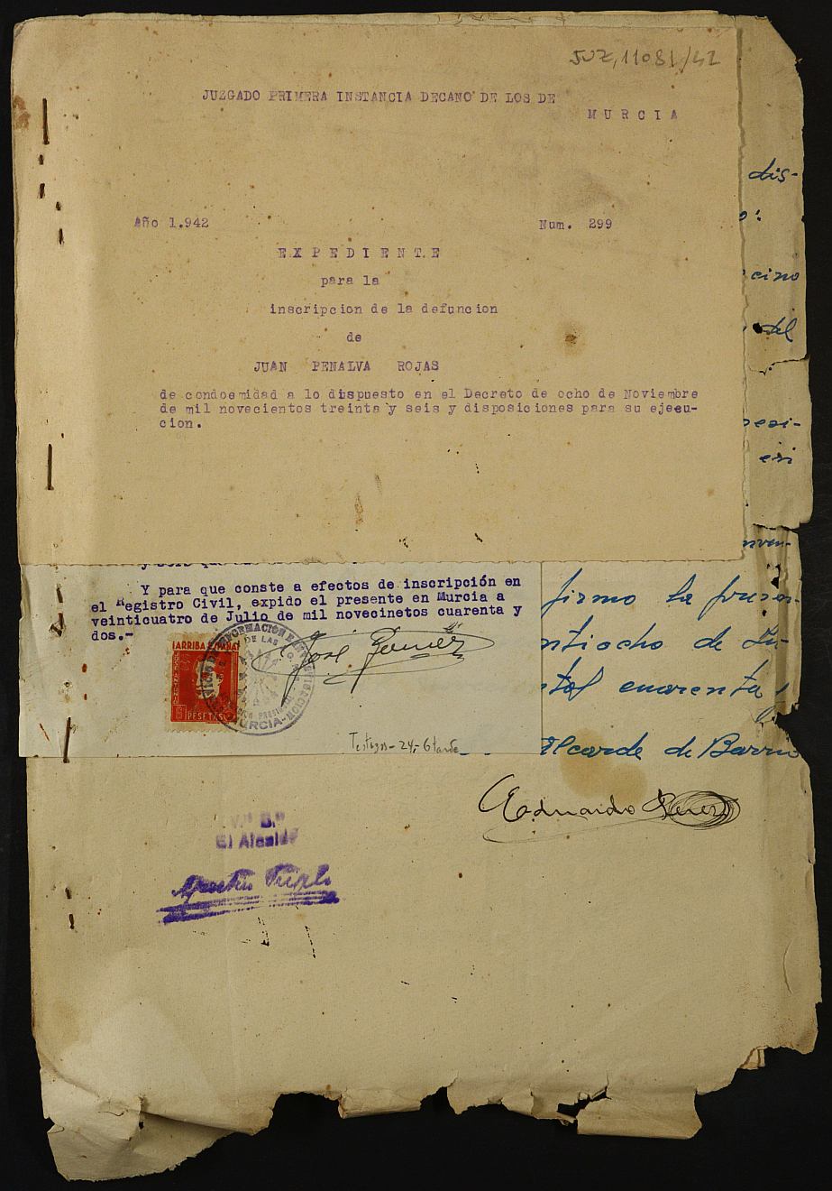 Expediente nº 299/1942 del Juzgado de Primera Instancia de Murcia para la inscripción en el Registro Civil por la defunción en el frente de Juan Penalva Rojas.